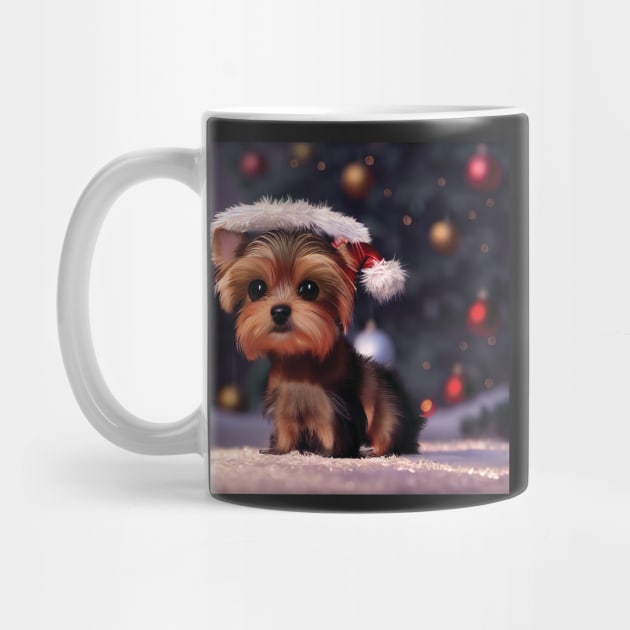 Yorkshire Terrier Christmas Puppy Dog In Santa Hat by Geminiartstudio